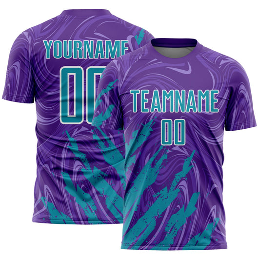 Custom Purple Teal-White Brush Stroke Splatter Liquid Swirl Sublimation Soccer Uniform Jersey - Main View