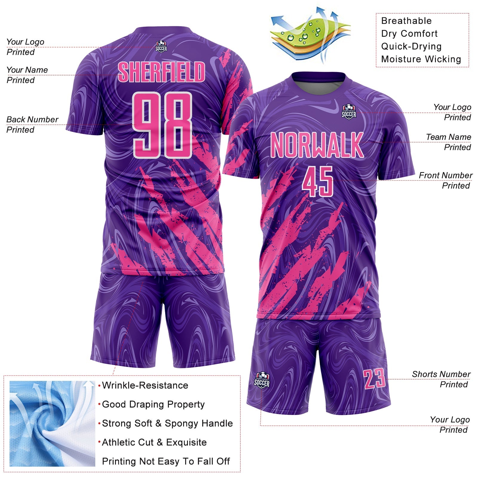 Custom Purple Pink-White Brush Stroke Splatter Liquid Swirl Sublimation Soccer Uniform Jersey view 4