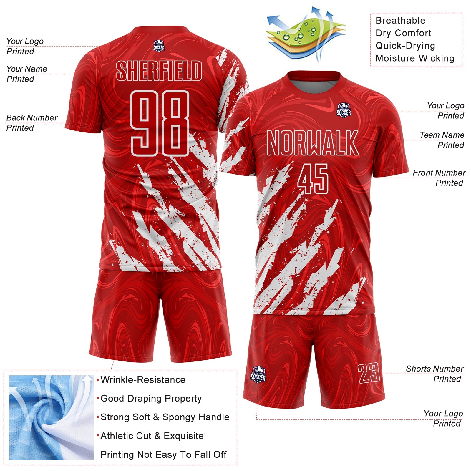Custom Red-White Brush Stroke Splatter Liquid Swirl Sublimation Soccer Uniform Jersey view 4