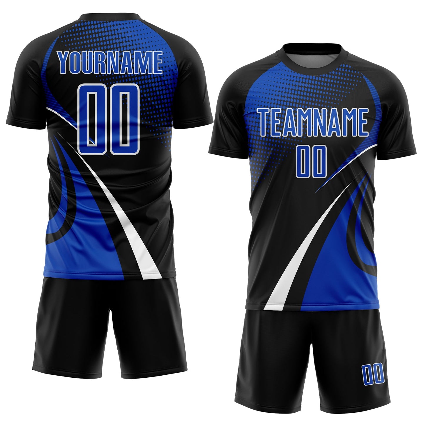 Custom Black Thunder Blue-White Halftone Dot Dynamic Curve Stripe Sublimation Soccer Uniform Jersey view 2