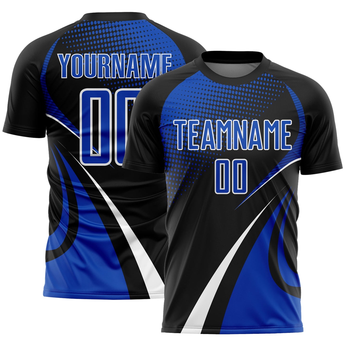 Custom Black Thunder Blue-White Halftone Dot Dynamic Curve Stripe Sublimation Soccer Uniform Jersey - Main View