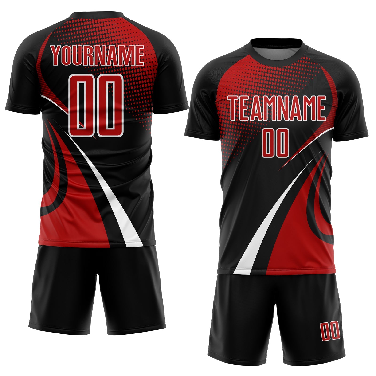 Custom Black Red-White Halftone Dot Dynamic Curve Stripe Sublimation Soccer Uniform Jersey view 2