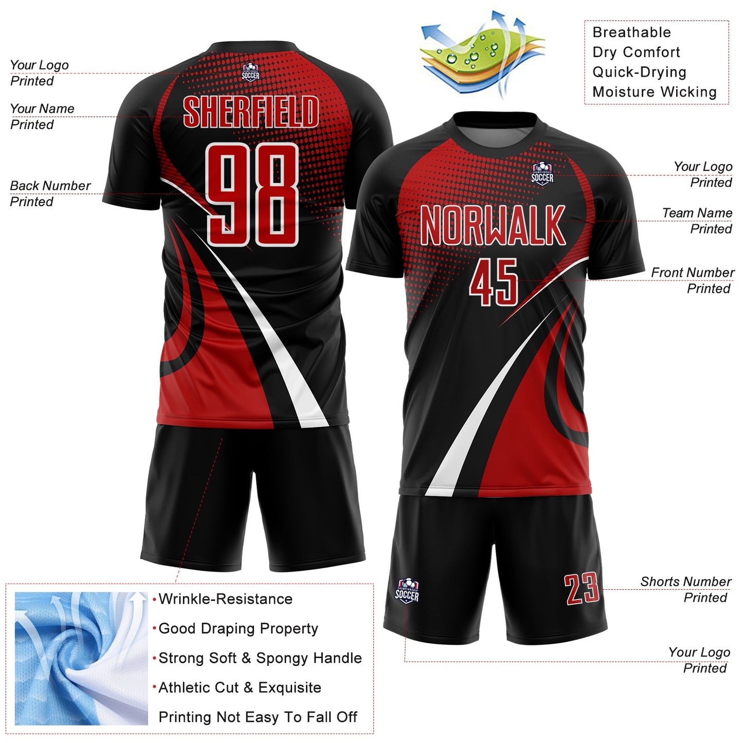 Custom Black Red-White Halftone Dot Dynamic Curve Stripe Sublimation Soccer Uniform Jersey view 4