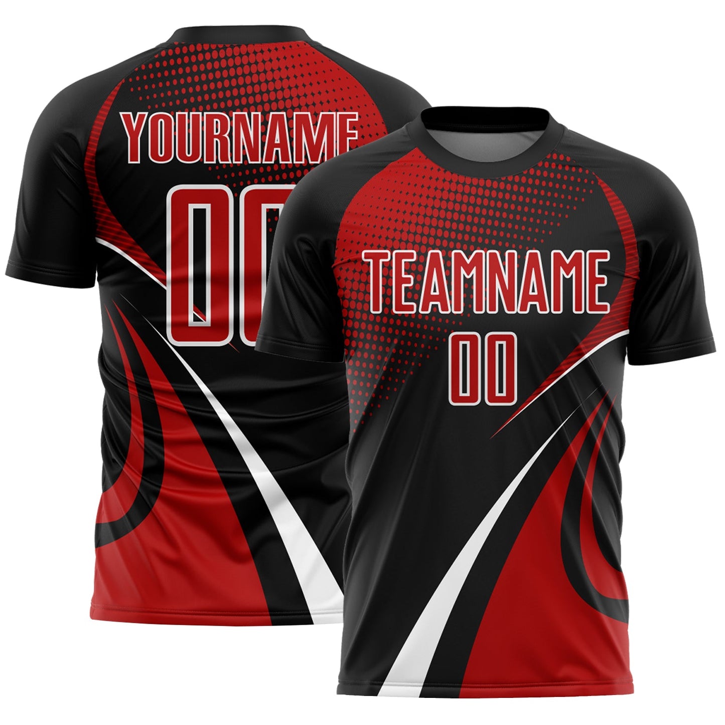 Custom Black Red-White Halftone Dot Dynamic Curve Stripe Sublimation Soccer Uniform Jersey - Main View