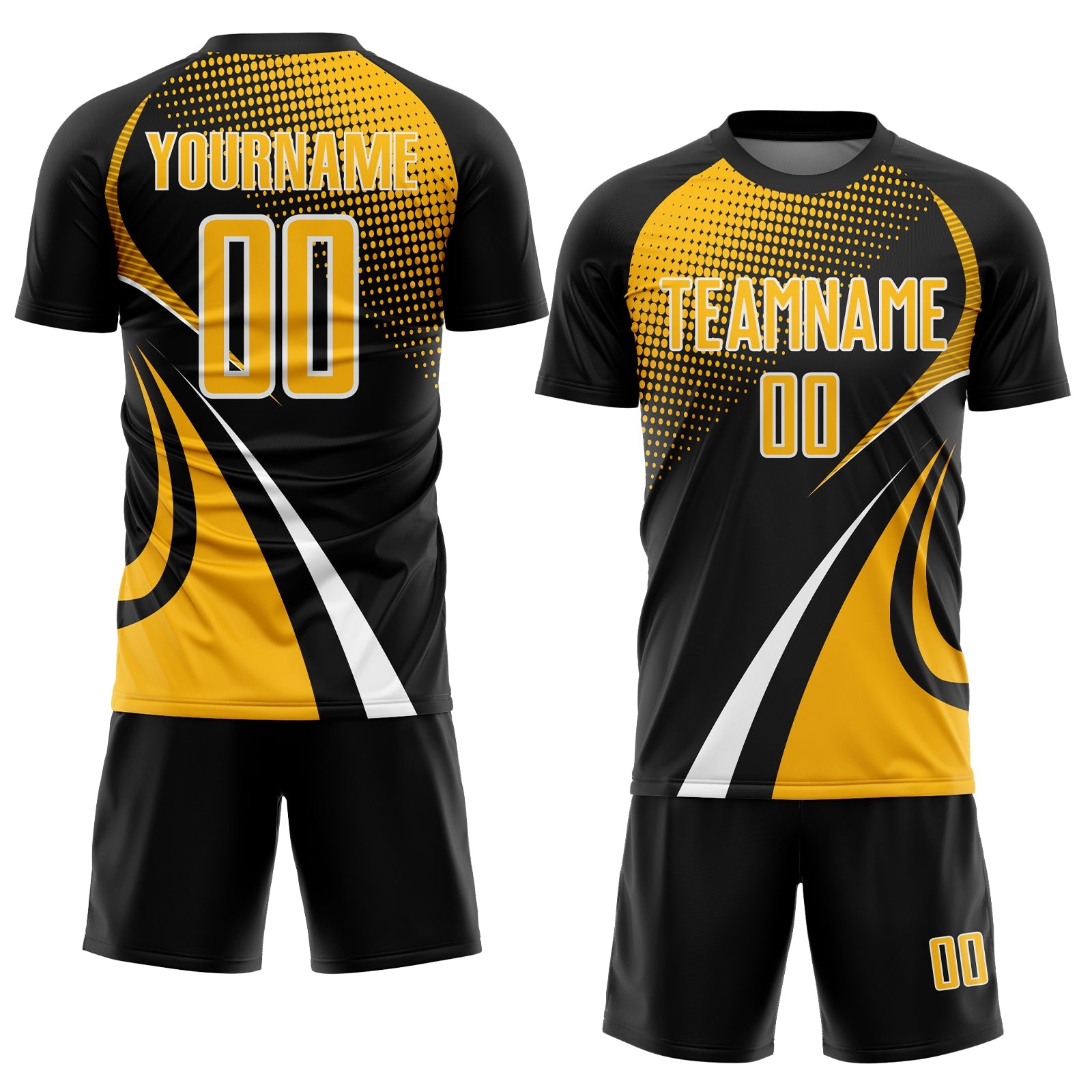Custom Black Gold-White Halftone Dot Dynamic Curve Stripe Sublimation Soccer Uniform Jersey view 2