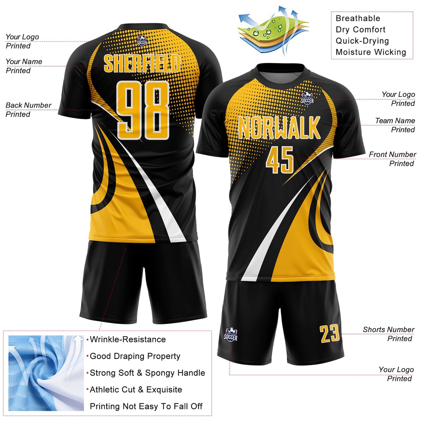 Custom Black Gold-White Halftone Dot Dynamic Curve Stripe Sublimation Soccer Uniform Jersey view 4