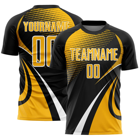 Custom Black Gold-White Halftone Dot Dynamic Curve Stripe Sublimation Soccer Uniform Jersey - Main View
