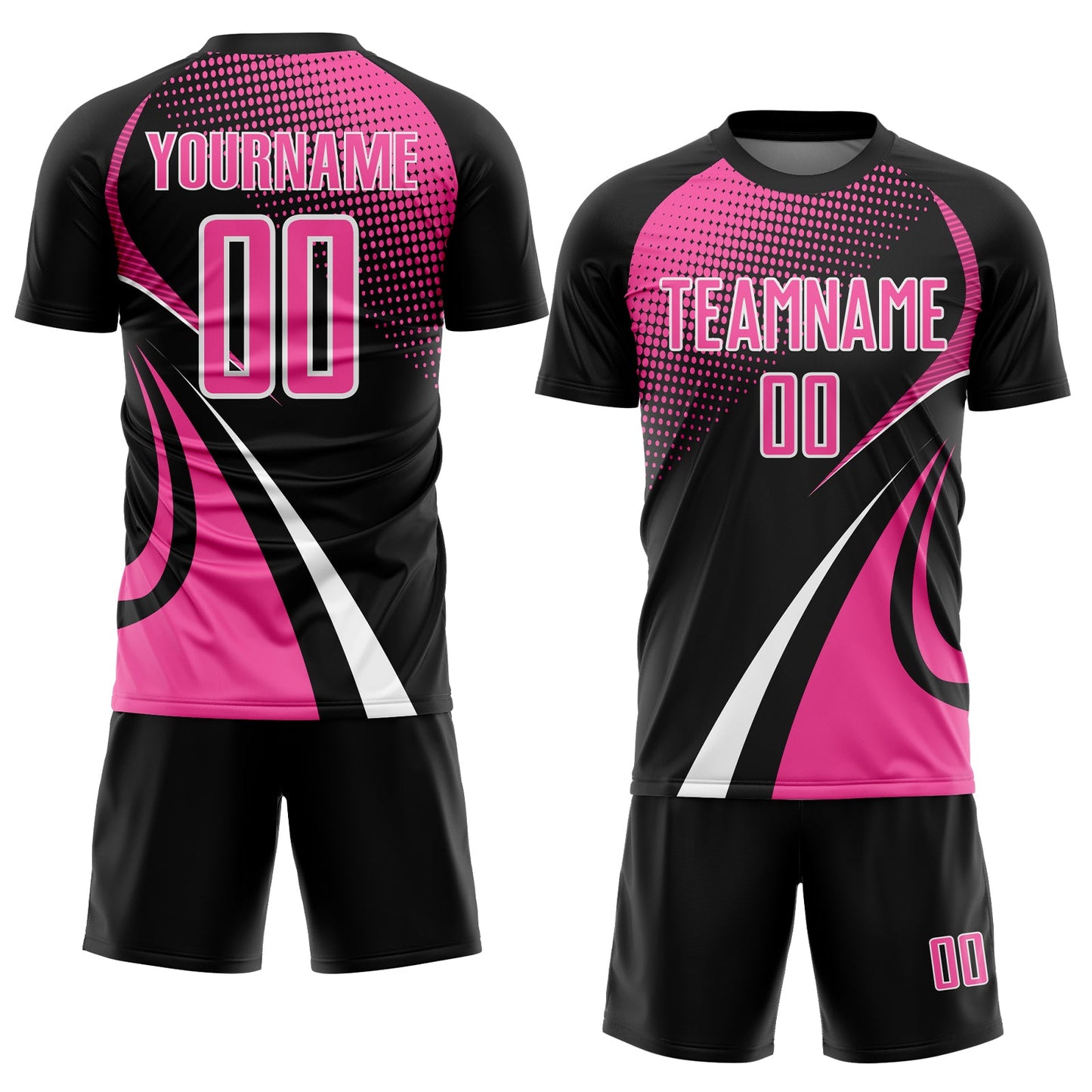 Custom Black Pink-White Halftone Dot Dynamic Curve Stripe Sublimation Soccer Uniform Jersey view 2