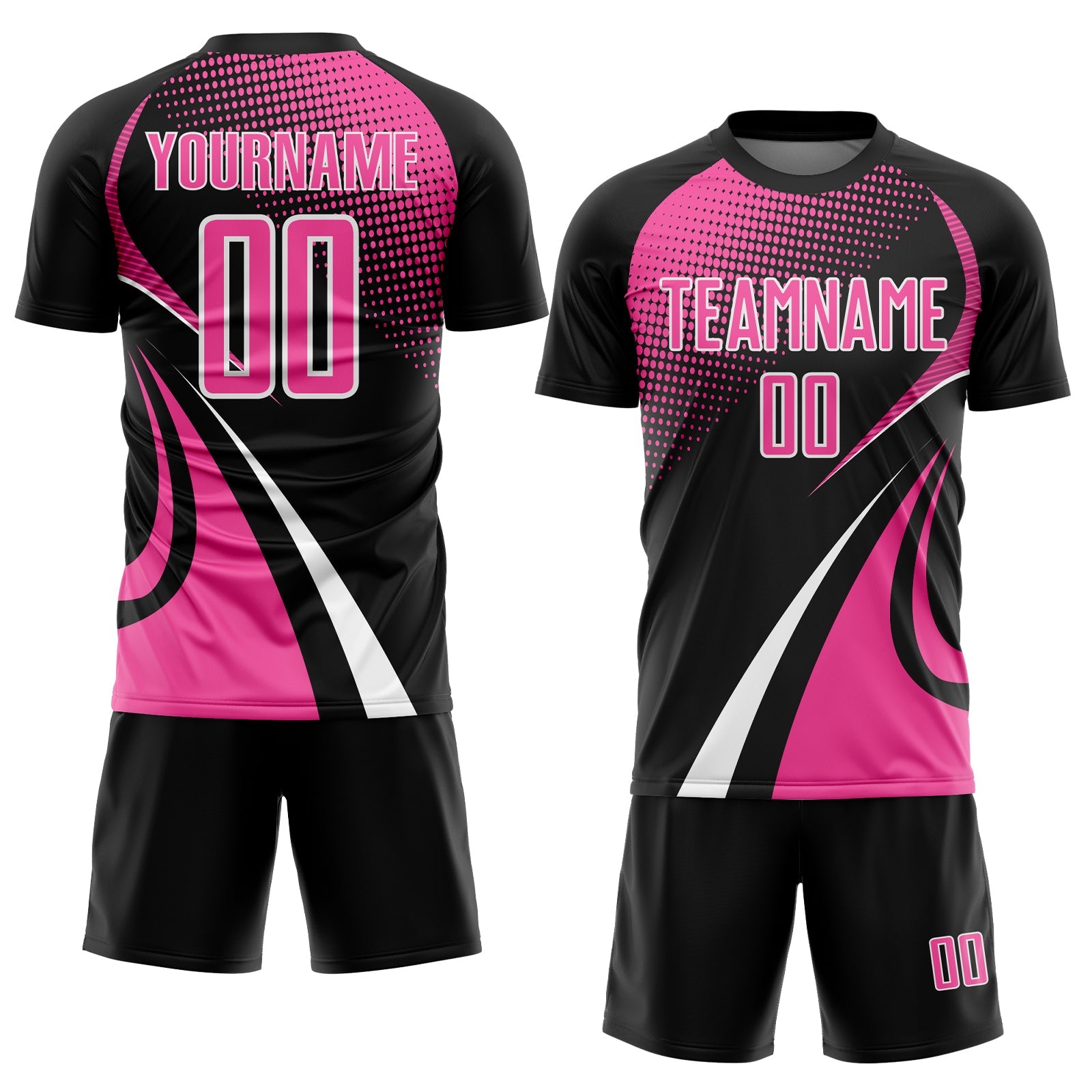 Custom Black Pink-White Halftone Dot Dynamic Curve Stripe Sublimation Soccer Uniform Jersey view 2