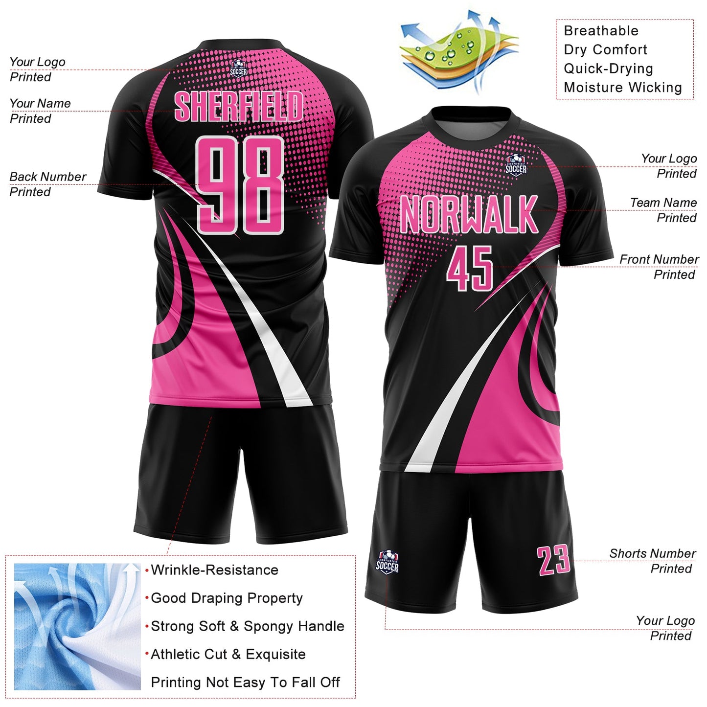 Custom Black Pink-White Halftone Dot Dynamic Curve Stripe Sublimation Soccer Uniform Jersey view 4