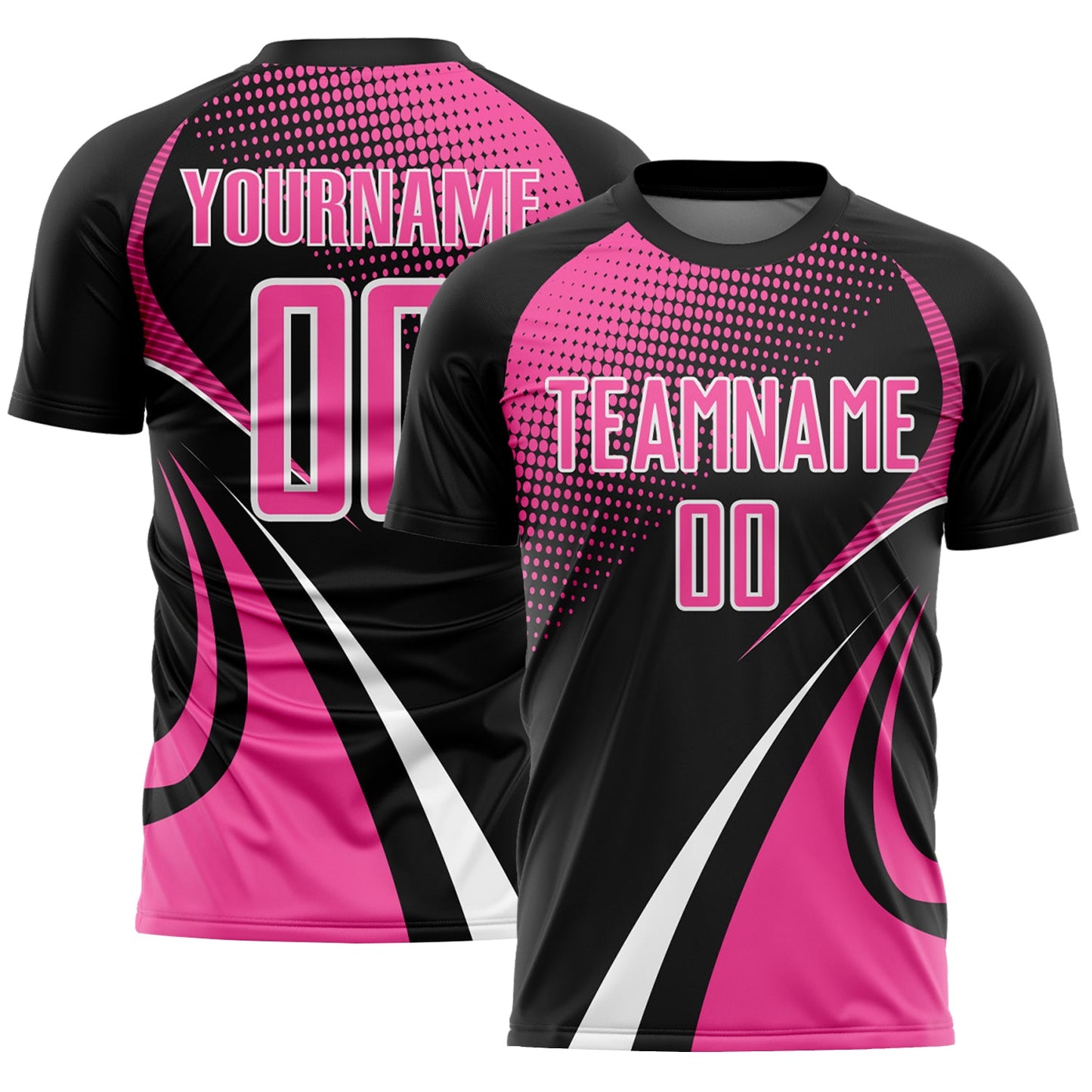 Custom Black Pink-White Halftone Dot Dynamic Curve Stripe Sublimation Soccer Uniform Jersey - Main View