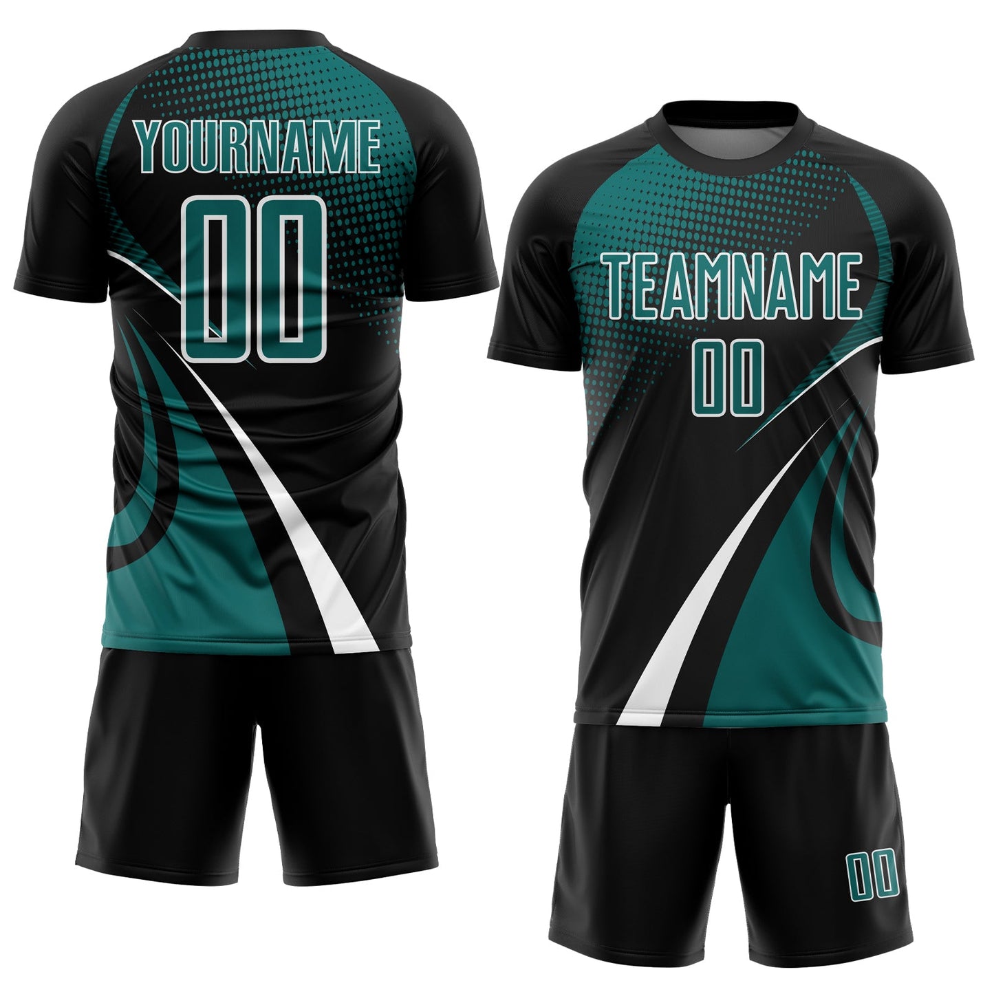 Custom Black Teal-White Halftone Dot Dynamic Curve Stripe Sublimation Soccer Uniform Jersey view 2