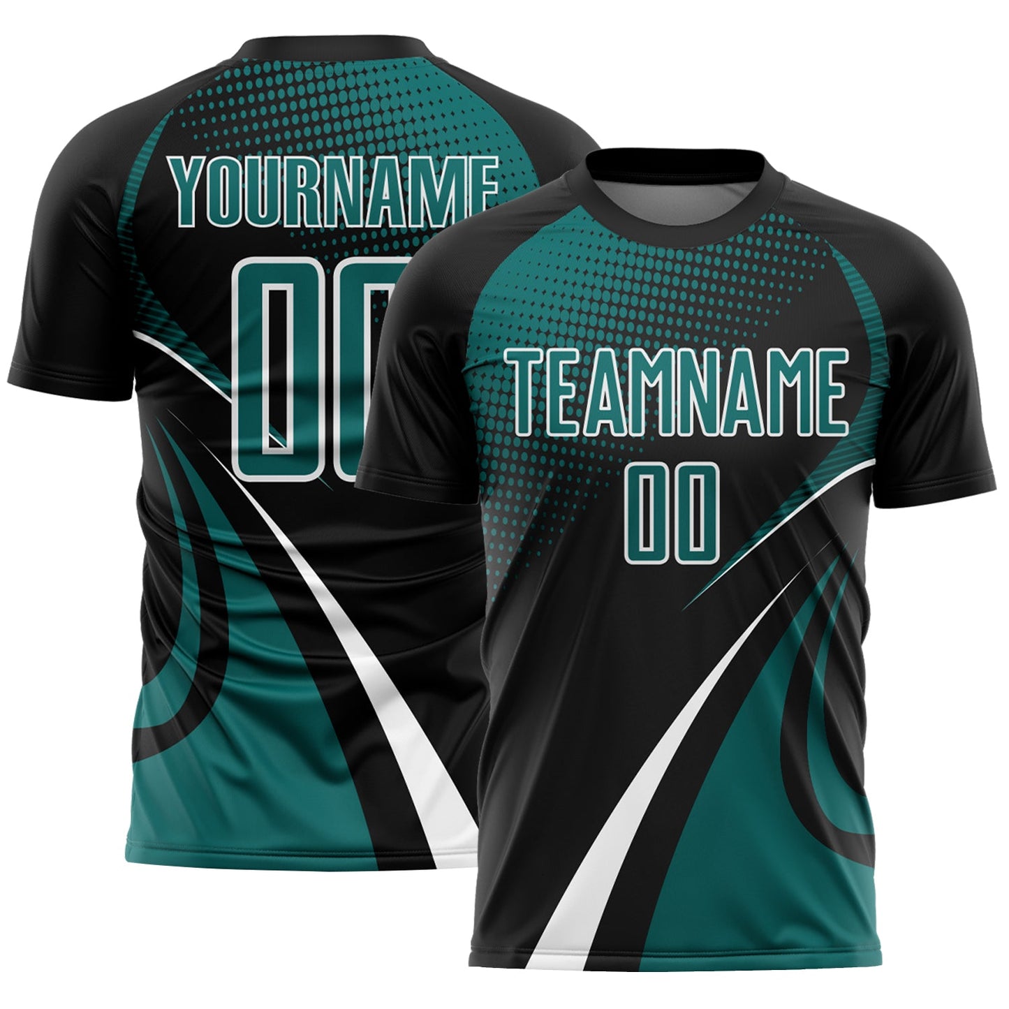 Custom Black Teal-White Halftone Dot Dynamic Curve Stripe Sublimation Soccer Uniform Jersey - Main View