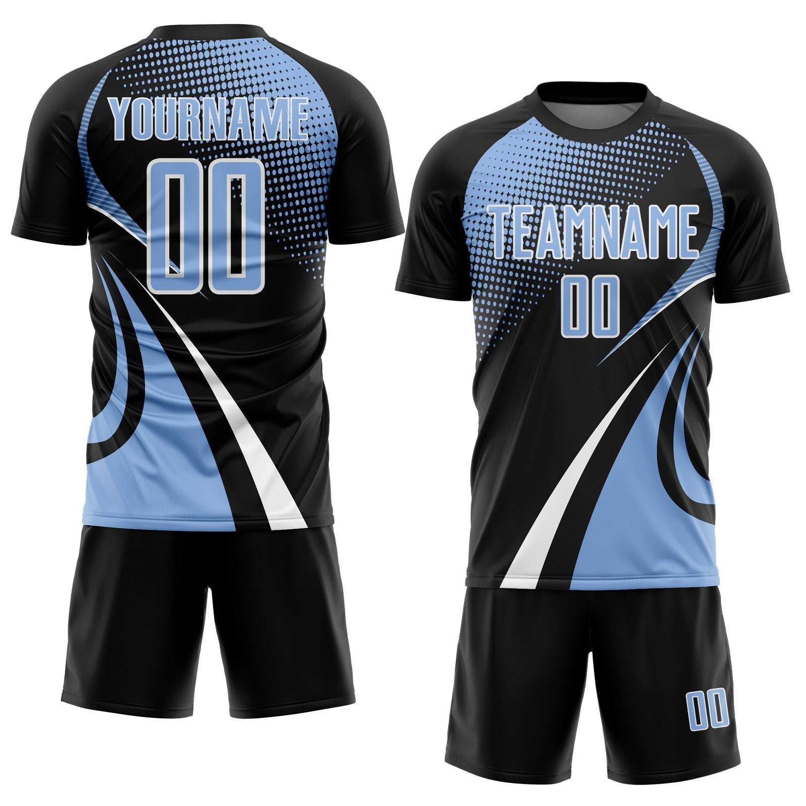Custom Black Light Blue-White Halftone Dot Dynamic Curve Stripe Sublimation Soccer Uniform Jersey view 2