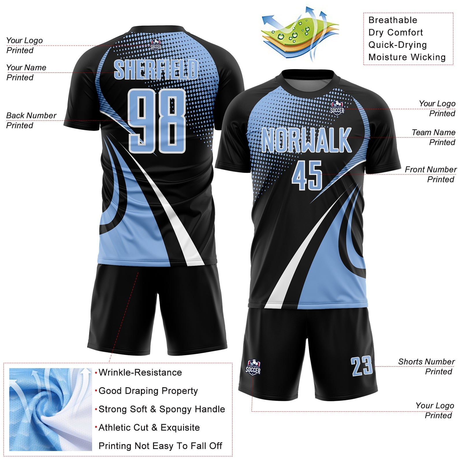 Custom Black Light Blue-White Halftone Dot Dynamic Curve Stripe Sublimation Soccer Uniform Jersey view 4