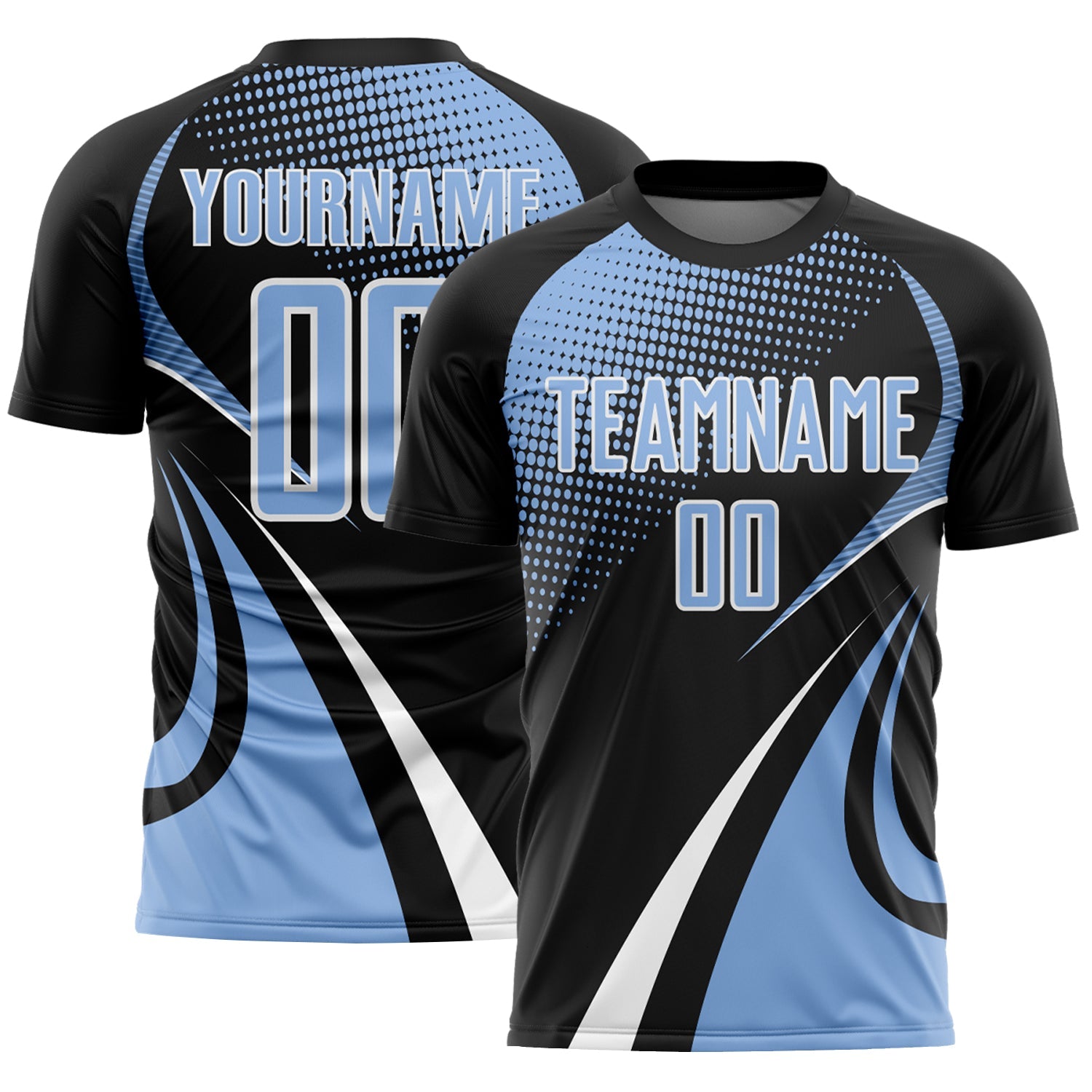 Custom Black Light Blue-White Halftone Dot Dynamic Curve Stripe Sublimation Soccer Uniform Jersey - Main View