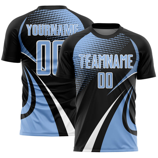 Custom Black Light Blue-White Halftone Dot Dynamic Curve Stripe Sublimation Soccer Uniform Jersey - Main View