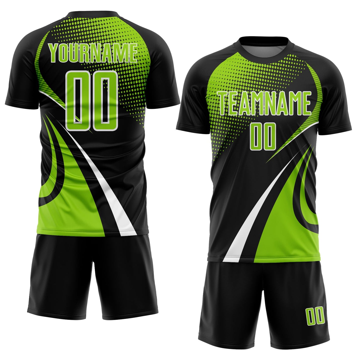 Custom Black Neon Green-White Halftone Dot Dynamic Curve Stripe Sublimation Soccer Uniform Jersey view 2