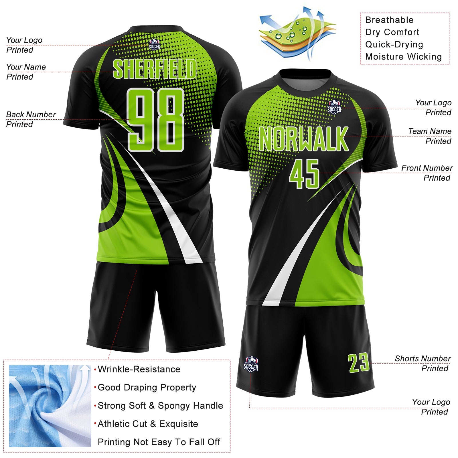 Custom Black Neon Green-White Halftone Dot Dynamic Curve Stripe Sublimation Soccer Uniform Jersey view 4
