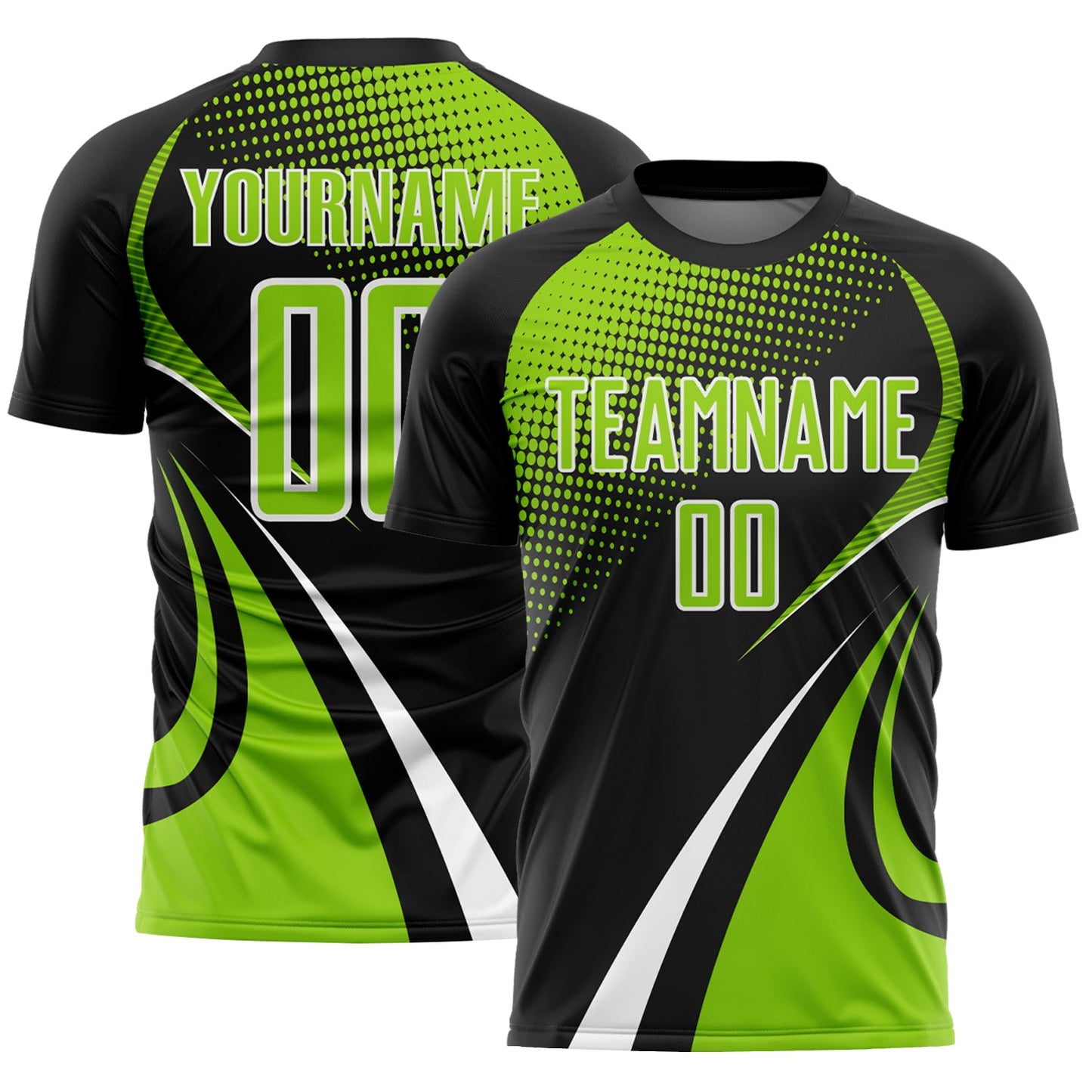 Custom Black Neon Green-White Halftone Dot Dynamic Curve Stripe Sublimation Soccer Uniform Jersey - Main View