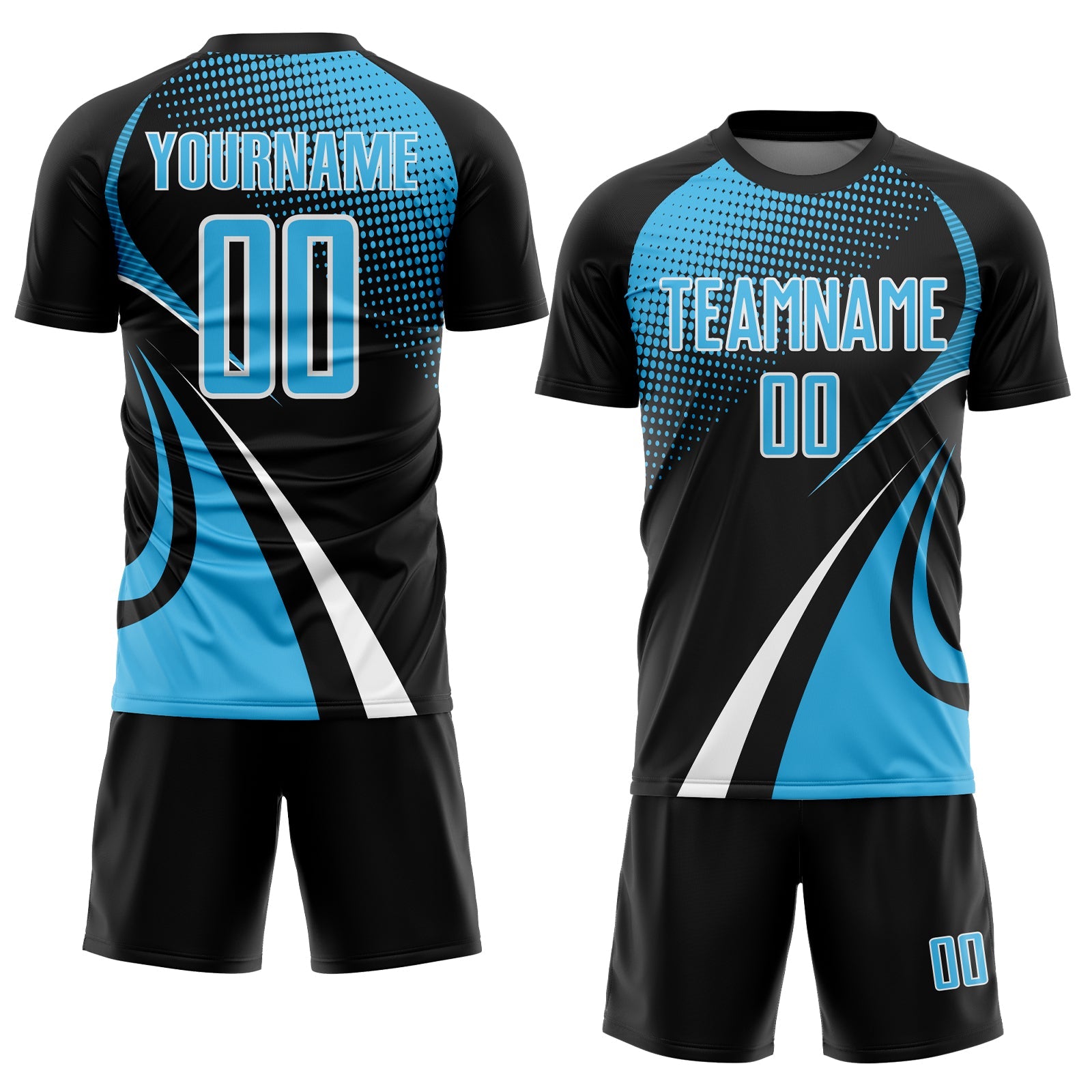 Custom Black Sky Blue-White Halftone Dot Dynamic Curve Stripe Sublimation Soccer Uniform Jersey view 2