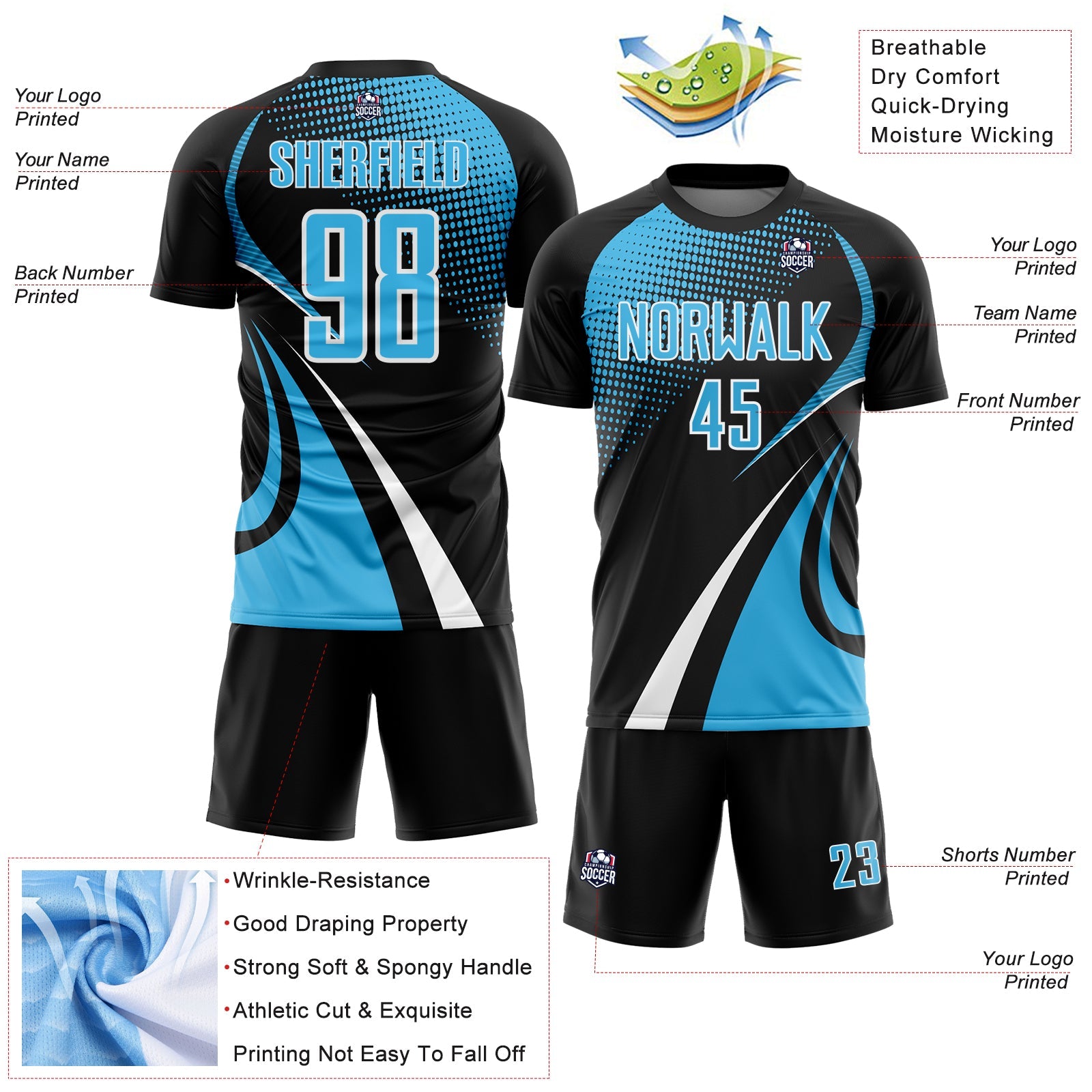 Custom Black Sky Blue-White Halftone Dot Dynamic Curve Stripe Sublimation Soccer Uniform Jersey view 4