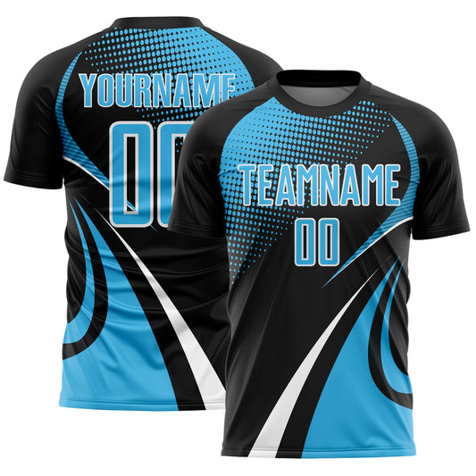 Custom Black Sky Blue-White Halftone Dot Dynamic Curve Stripe Sublimation Soccer Uniform Jersey - Main View