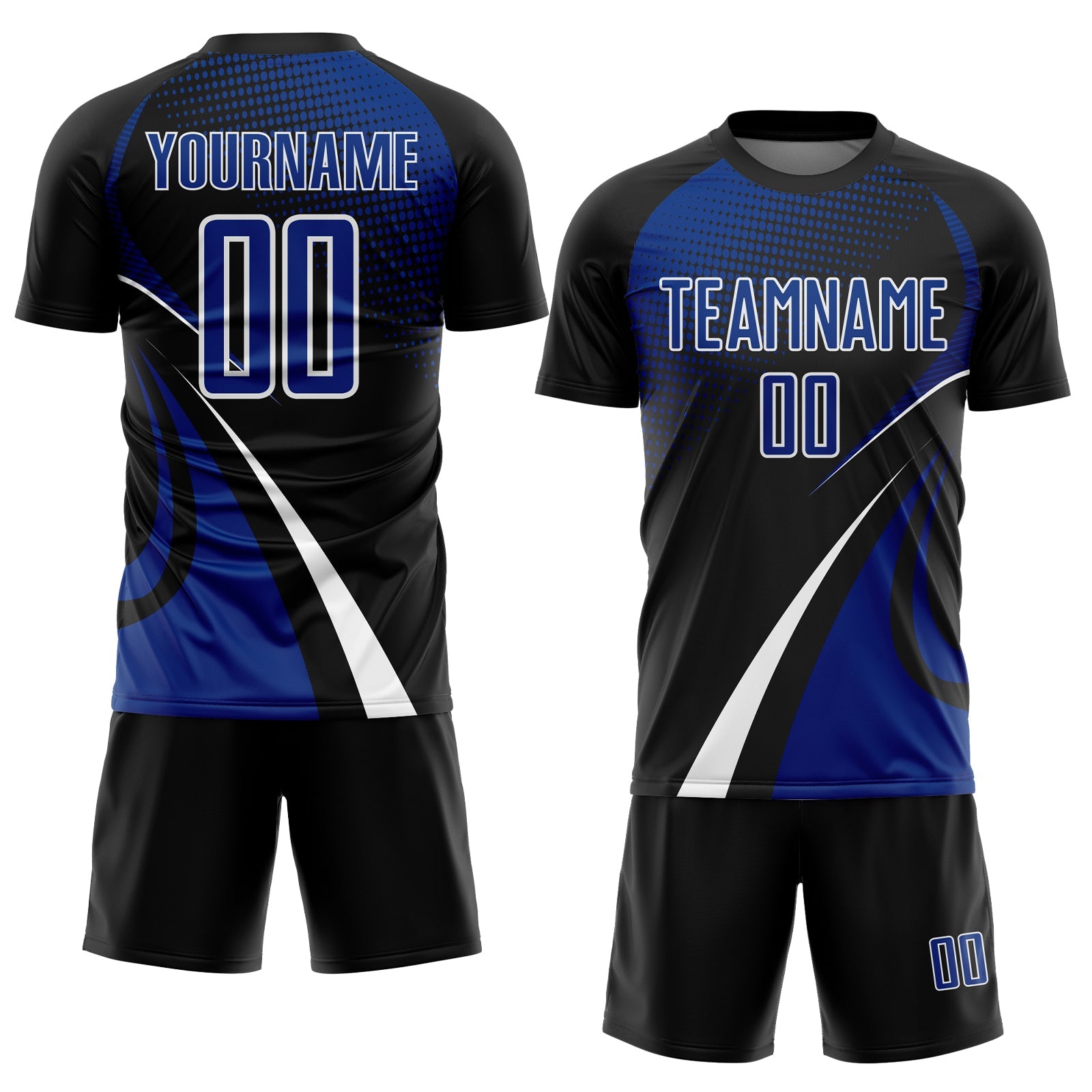Custom Black Royal-White Halftone Dot Dynamic Curve Stripe Sublimation Soccer Uniform Jersey view 2