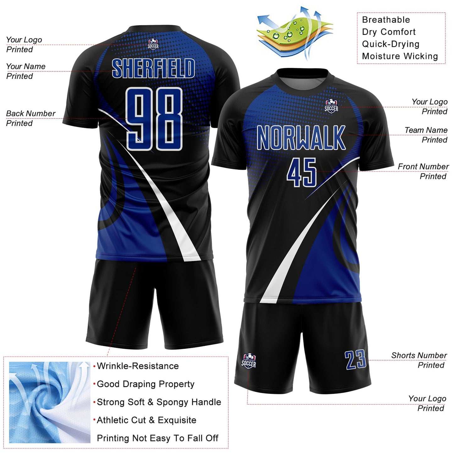 Custom Black Royal-White Halftone Dot Dynamic Curve Stripe Sublimation Soccer Uniform Jersey view 4
