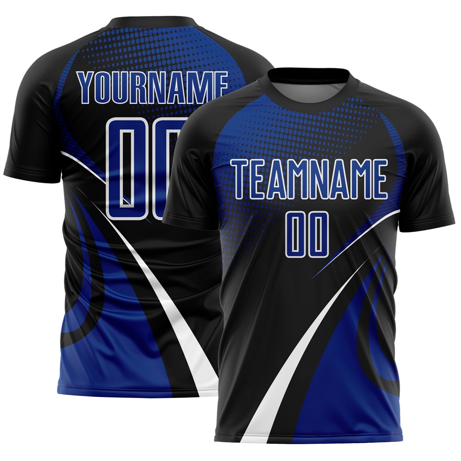 Custom Black Royal-White Halftone Dot Dynamic Curve Stripe Sublimation Soccer Uniform Jersey - Main View