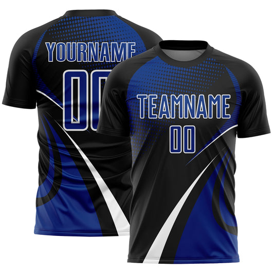 Custom Black Royal-White Halftone Dot Dynamic Curve Stripe Sublimation Soccer Uniform Jersey - Main View