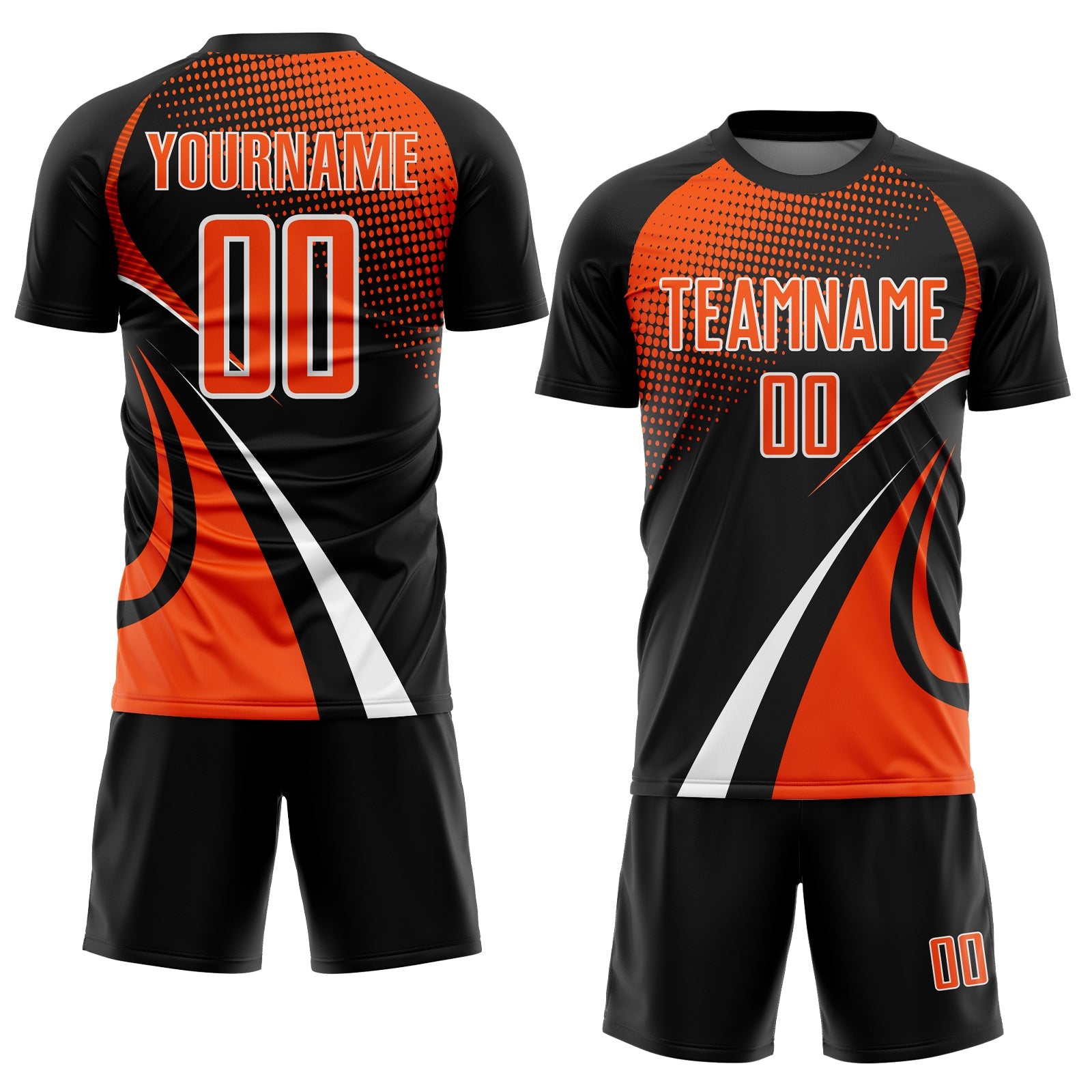 Custom Black Orange-White Halftone Dot Dynamic Curve Stripe Sublimation Soccer Uniform Jersey view 2