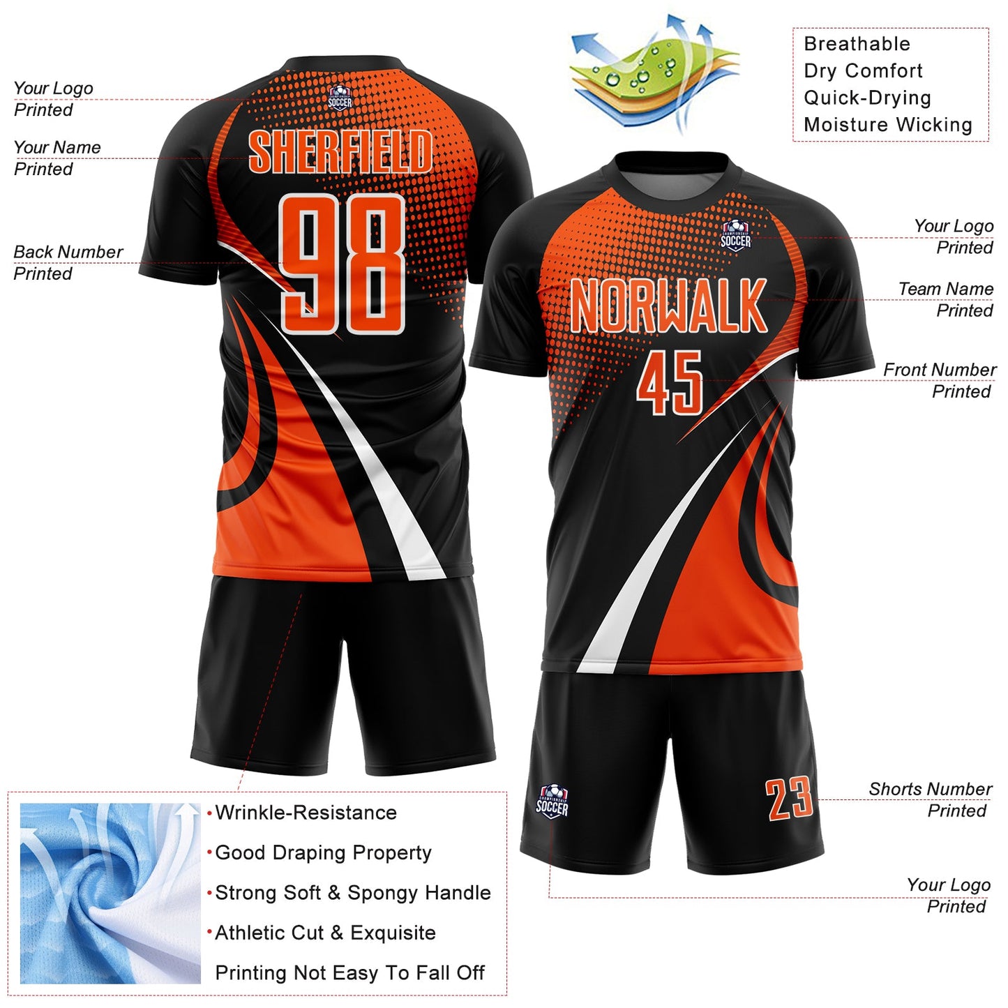 Custom Black Orange-White Halftone Dot Dynamic Curve Stripe Sublimation Soccer Uniform Jersey view 4