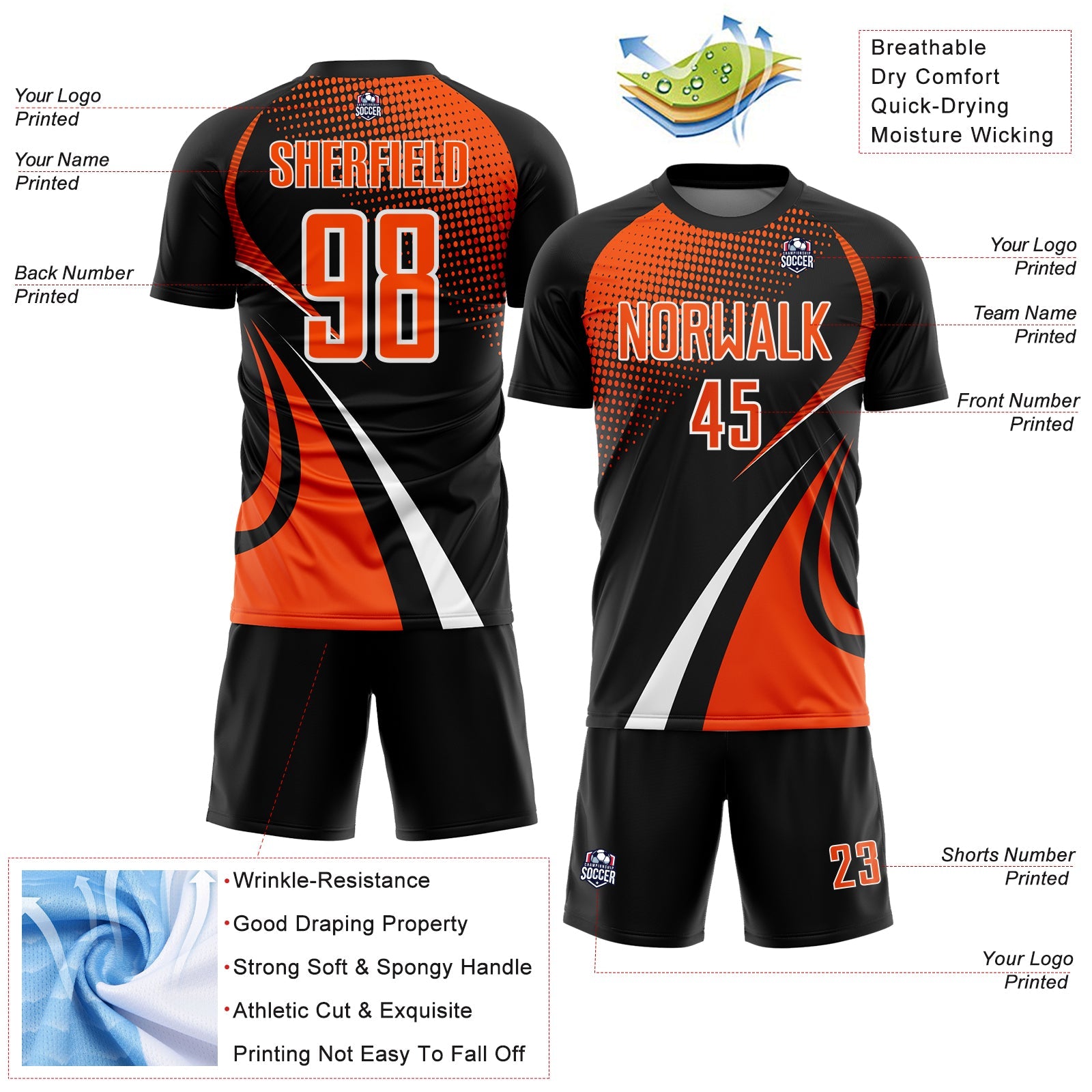 Custom Black Orange-White Halftone Dot Dynamic Curve Stripe Sublimation Soccer Uniform Jersey view 4