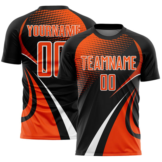 Custom Black Orange-White Halftone Dot Dynamic Curve Stripe Sublimation Soccer Uniform Jersey - Main View