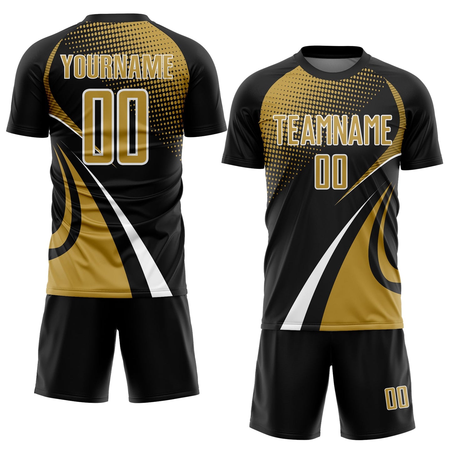 Custom Black Old Gold-White Halftone Dot Dynamic Curve Stripe Sublimation Soccer Uniform Jersey view 2