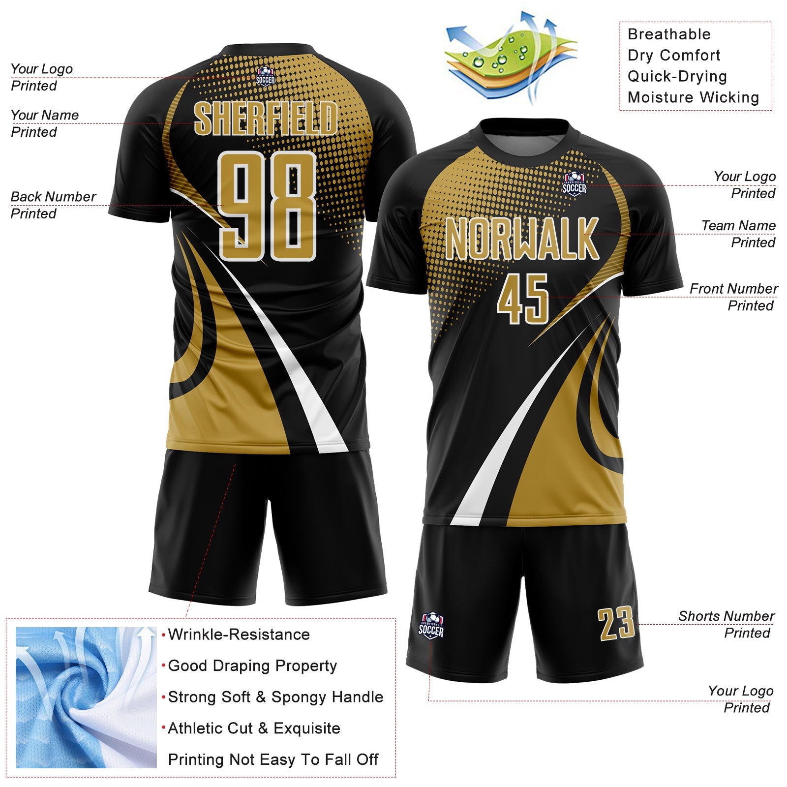 Custom Black Old Gold-White Halftone Dot Dynamic Curve Stripe Sublimation Soccer Uniform Jersey view 4