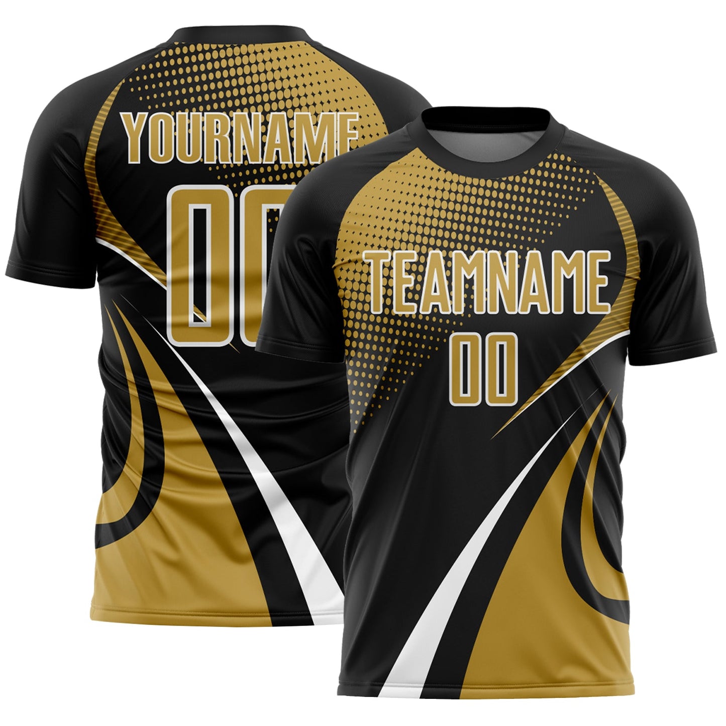 Custom Black Old Gold-White Halftone Dot Dynamic Curve Stripe Sublimation Soccer Uniform Jersey - Main View