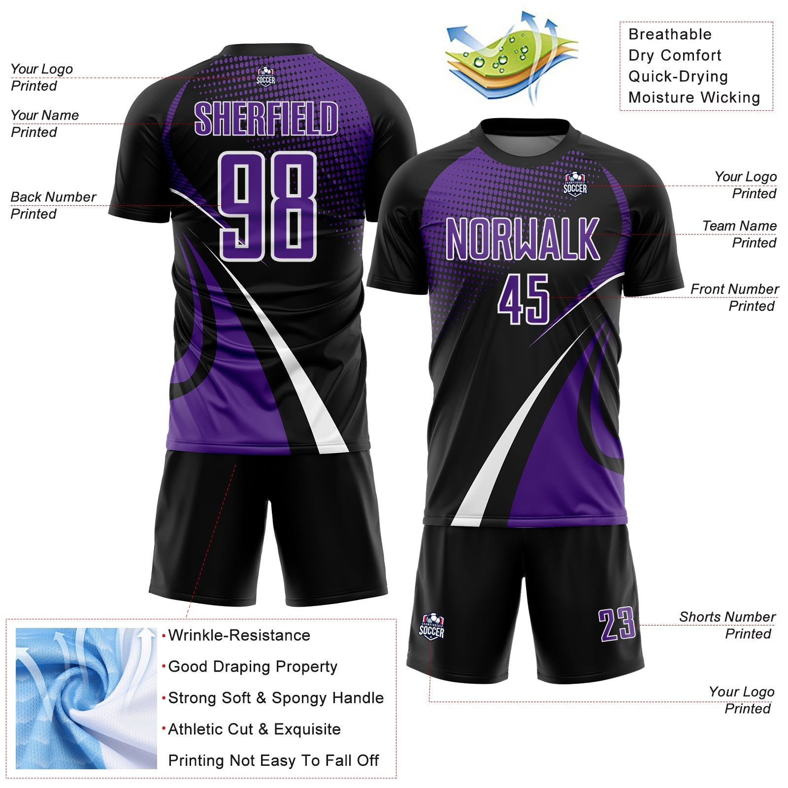 Custom Black Purple-White Halftone Dot Dynamic Curve Stripe Sublimation Soccer Uniform Jersey view 4