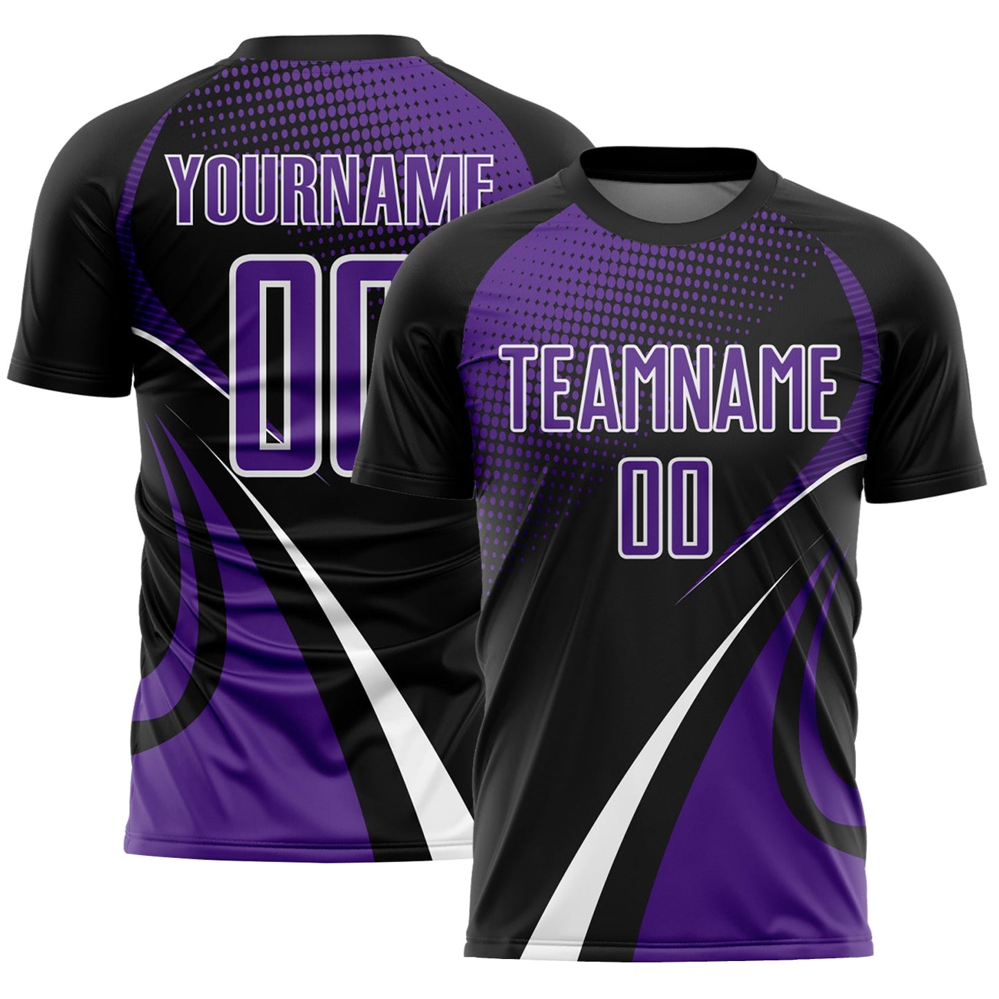 Custom Black Purple-White Halftone Dot Dynamic Curve Stripe Sublimation Soccer Uniform Jersey - Main View