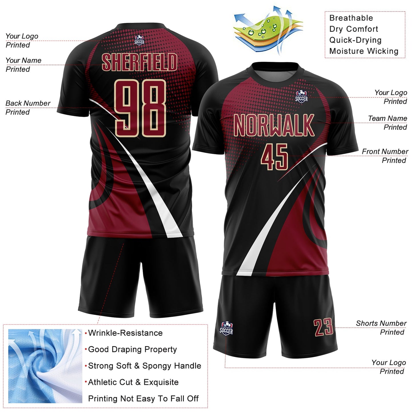 Custom Black Crimson White-Cream Halftone Dot Dynamic Curve Stripe Sublimation Soccer Uniform Jersey view 4