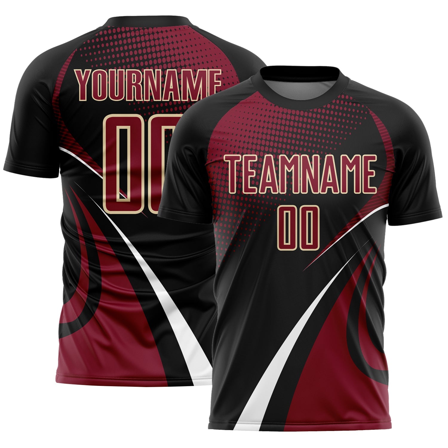 Custom Black Crimson White-Cream Halftone Dot Dynamic Curve Stripe Sublimation Soccer Uniform Jersey - Main View