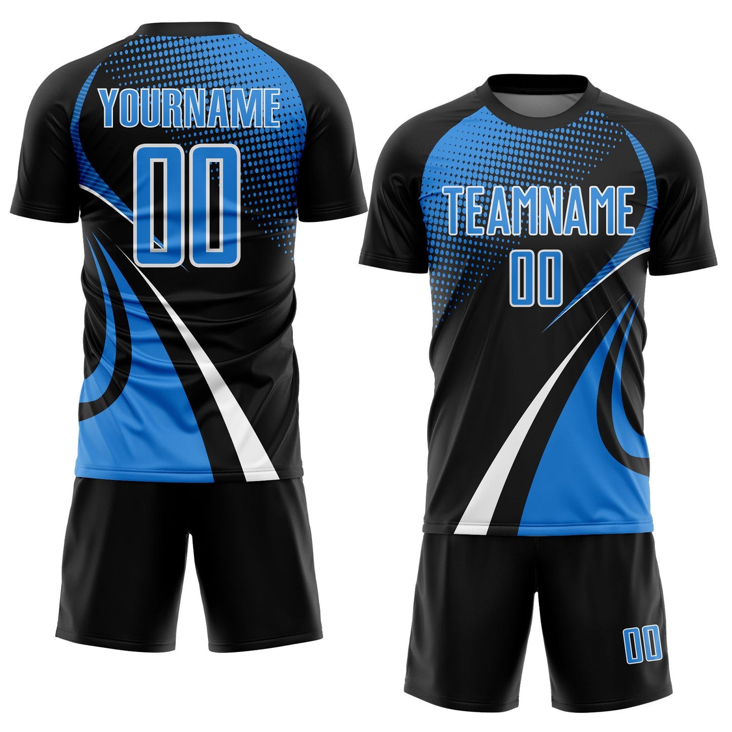 Custom Black Powder Blue-White Halftone Dot Dynamic Curve Stripe Sublimation Soccer Uniform Jersey view 2