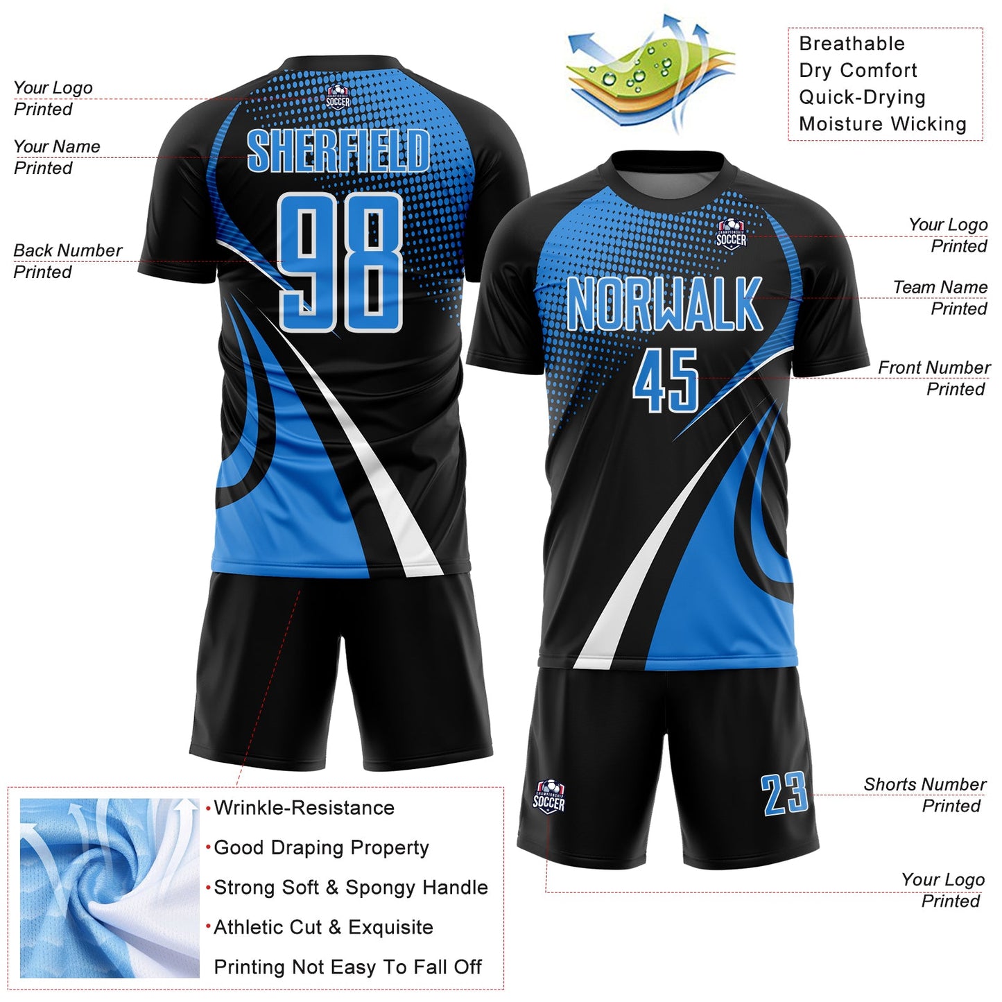 Custom Black Powder Blue-White Halftone Dot Dynamic Curve Stripe Sublimation Soccer Uniform Jersey view 4