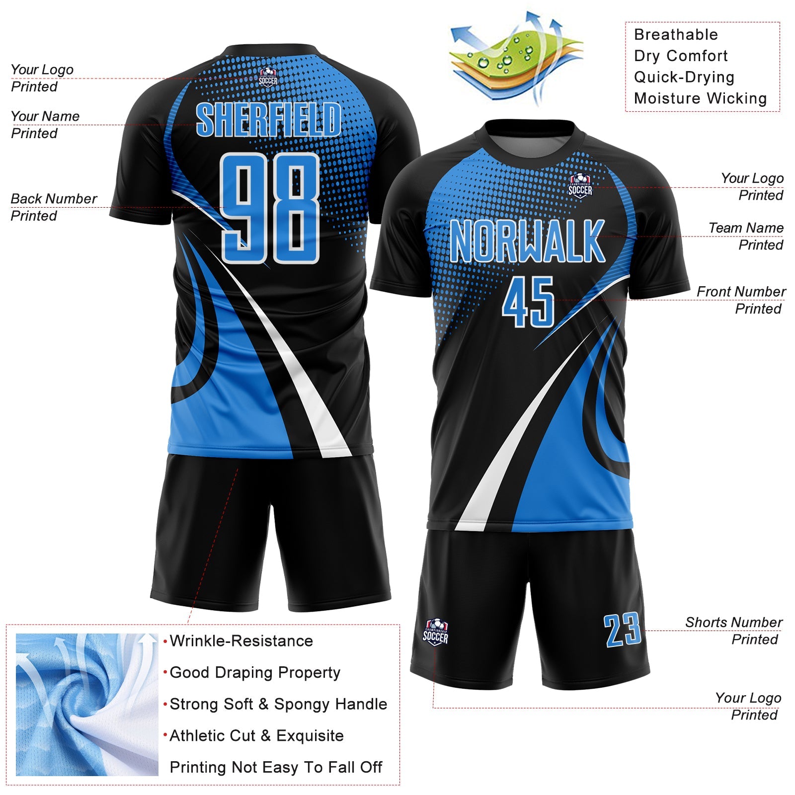 Custom Black Powder Blue-White Halftone Dot Dynamic Curve Stripe Sublimation Soccer Uniform Jersey view 4