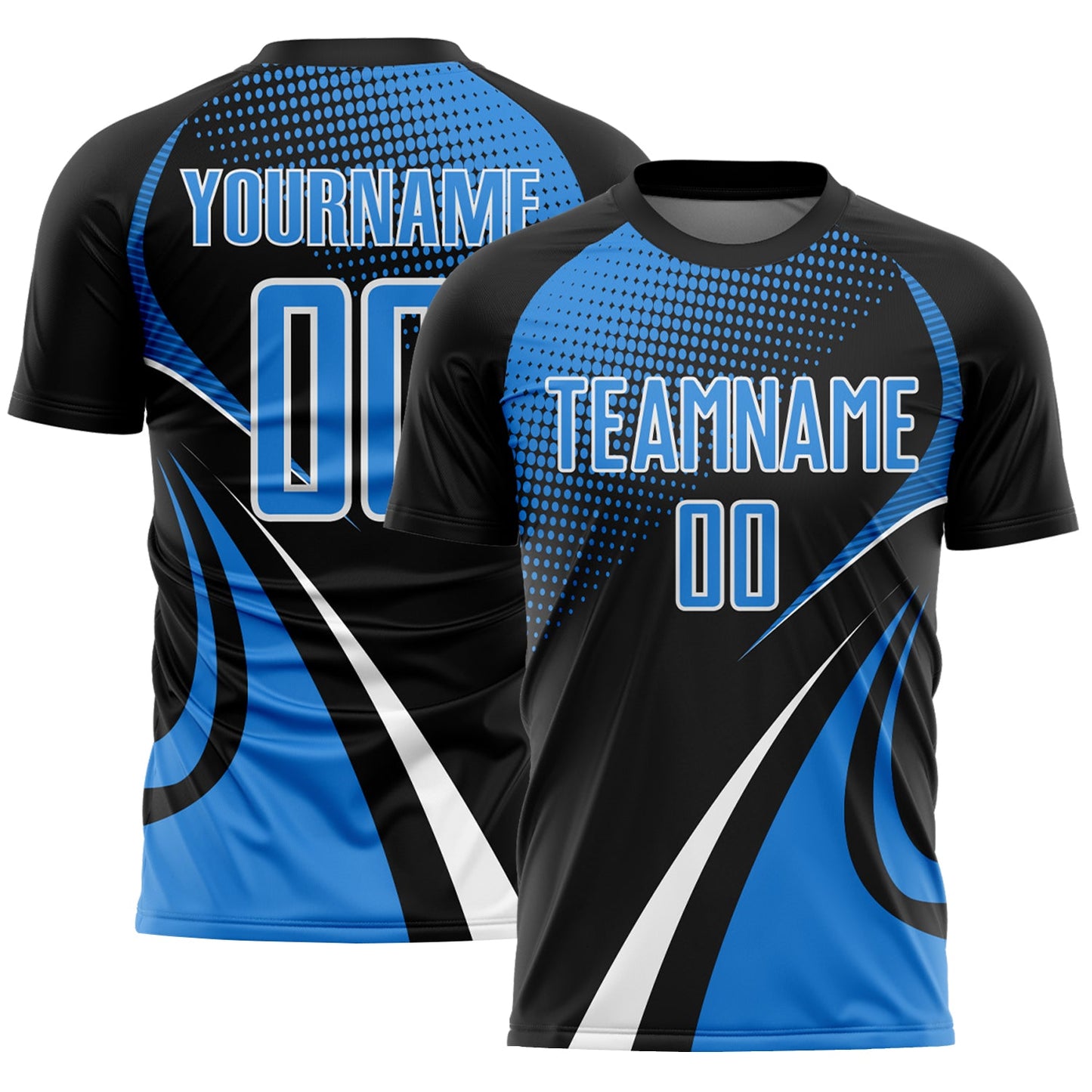 Custom Black Powder Blue-White Halftone Dot Dynamic Curve Stripe Sublimation Soccer Uniform Jersey - Main View