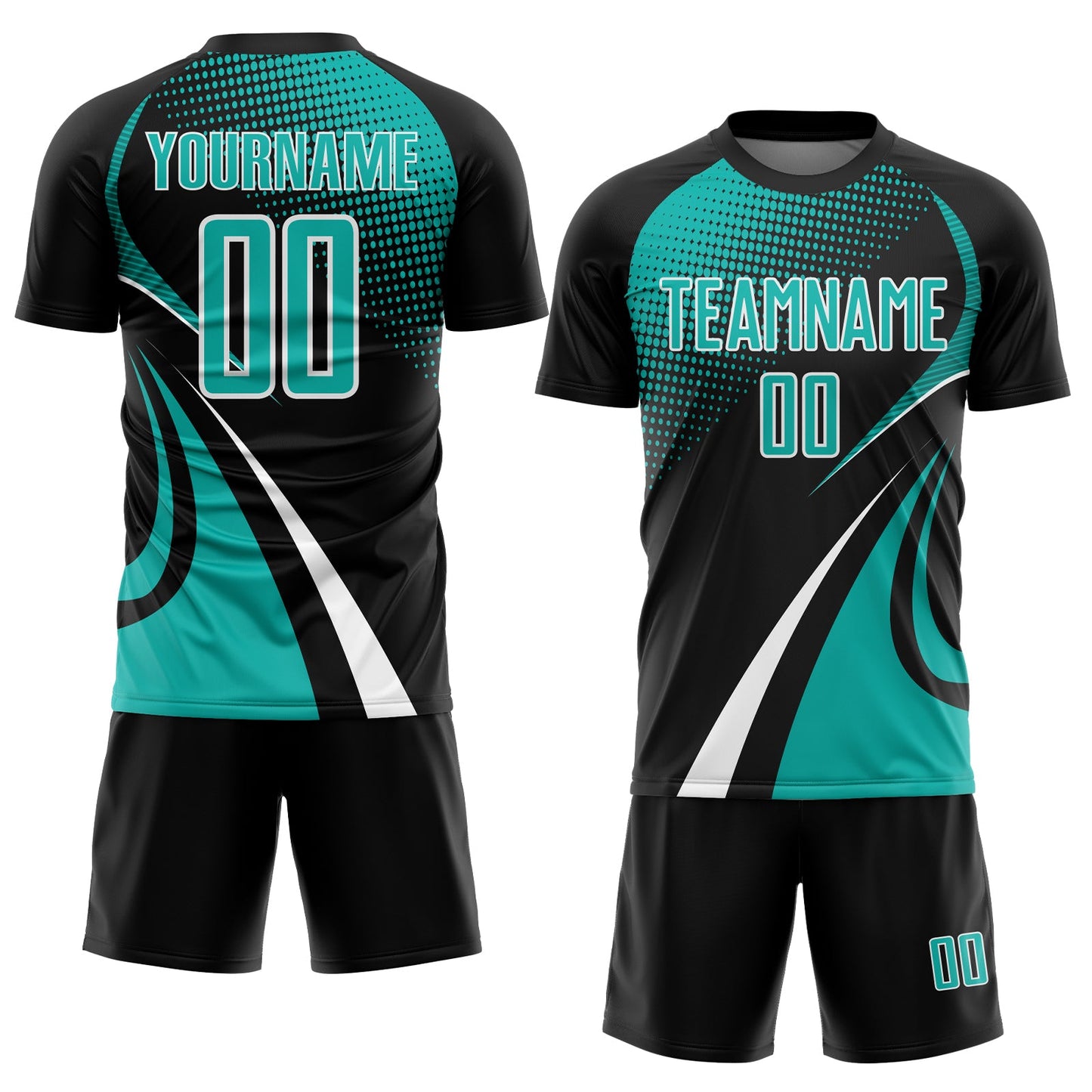 Custom Black Aqua-White Halftone Dot Dynamic Curve Stripe Sublimation Soccer Uniform Jersey view 2