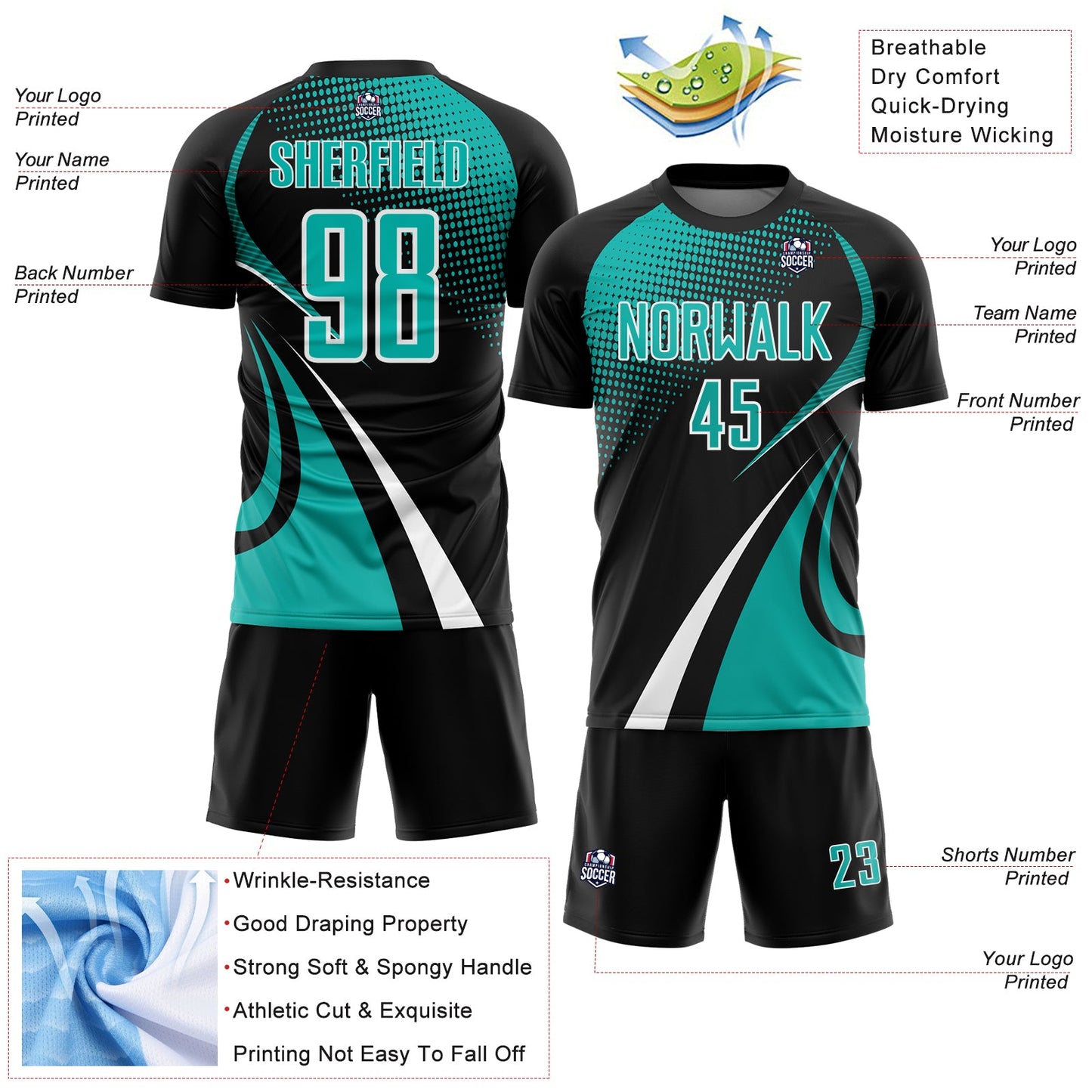 Custom Black Aqua-White Halftone Dot Dynamic Curve Stripe Sublimation Soccer Uniform Jersey view 4