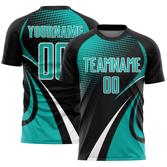 Custom Black Aqua-White Halftone Dot Dynamic Curve Stripe Sublimation Soccer Uniform Jersey - Main View