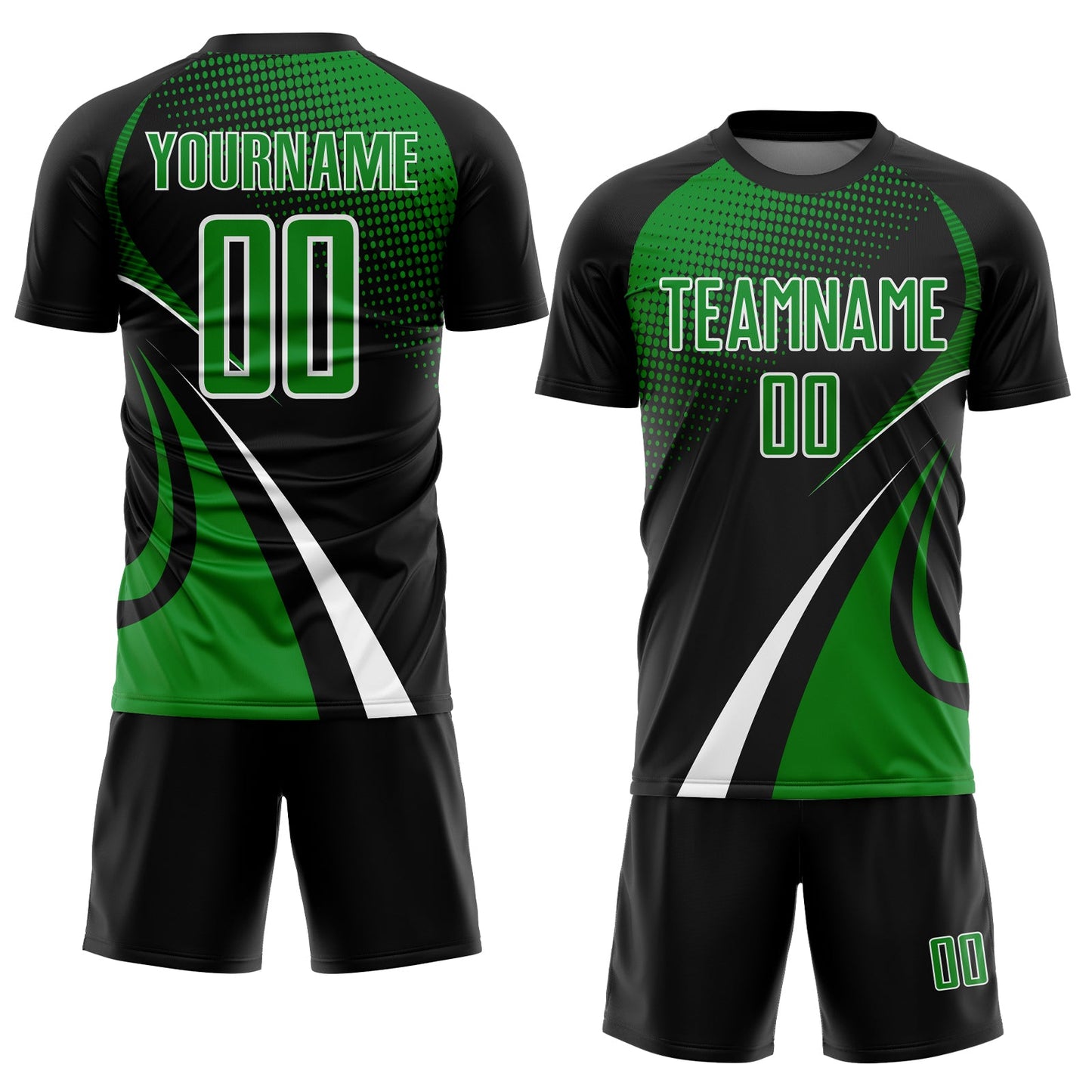 Custom Black Grass Green-White Halftone Dot Dynamic Curve Stripe Sublimation Soccer Uniform Jersey view 2